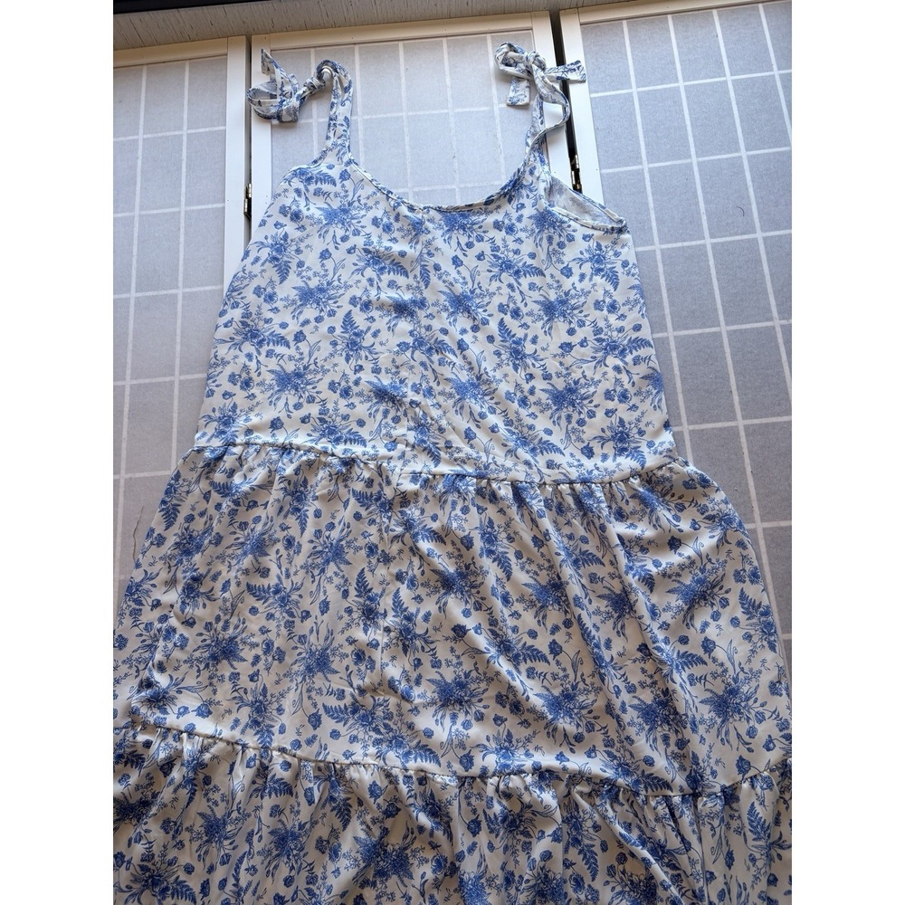 Cottagecore Prairie‎ Coastal White Blue Floral Tiered Maxi Dress V-Neck Tie XL